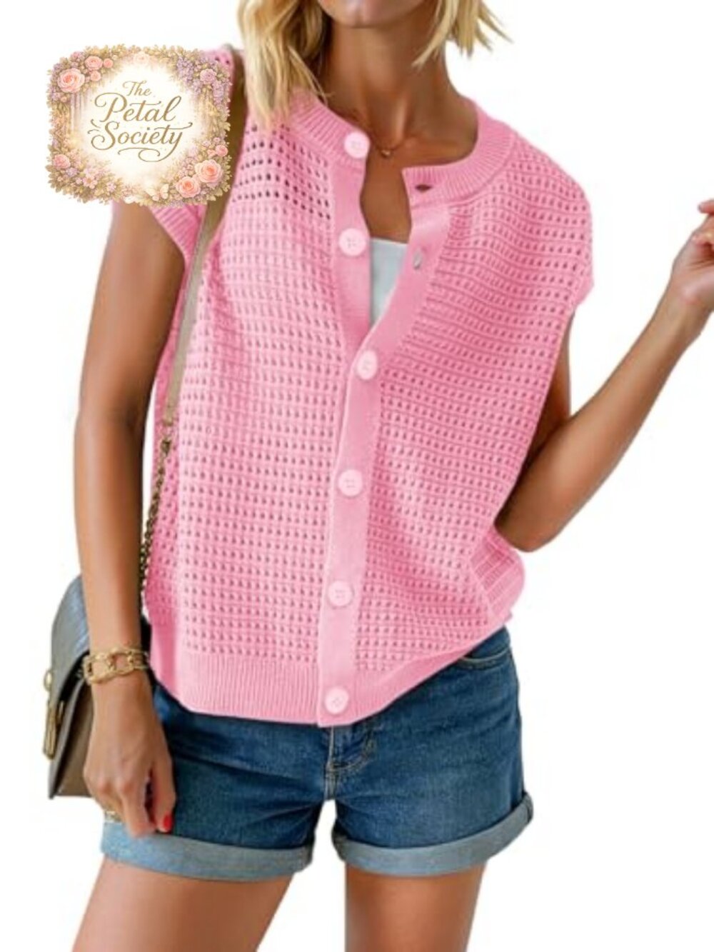 Womens Crochet Button Down Sweater Vest Cap Sleeve Knit Cardigan Top